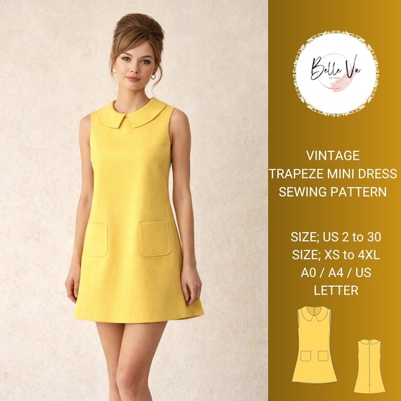 Vintage Trapeze Mini Dress Sewing Pattern, 60s A-Line Peter Pan Collar (PDF Download)