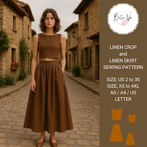 Conjunto de saia e cropped de linho, padrão de costura, blusa sem mangas, cropped e saia, padrão de conjunto de linho duplo, tamanho XS-4XL, tamanho A4-EUA, tamanho A0
