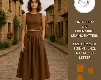 Mönster för linnekjol och crop top (PDF-nedladdning, XS-4XL, A4/US Letter/A0)