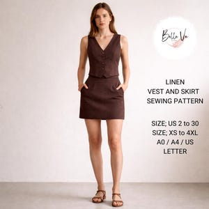 May include: A brown linen vest and skirt sewing pattern. The vest has a V-neck and button closure. The skirt is a mini-skirt style. The image includes the text "LINEN VEST AND SKIRT SEWING PATTERN" and size information.