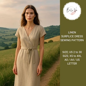 Könnte beinhalten: Ein Schnittmuster für ein Leinenkleid mit Wickelverschluss. Das Schnittmuster ist in den Größen 34 bis 52 und XS bis 4XL erhältlich. Das Schnittmuster ist in den Formaten A0, A4 und DIN A4 erhältlich.