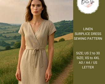 Patrón de costura para vestido de lino con sobrepelliz: estilo cottagecore (XS-4XL) (descarga digital)