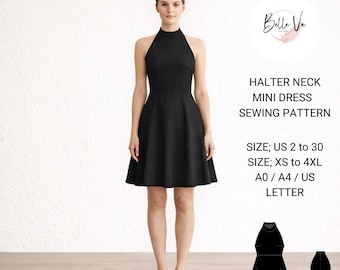 Halter Neck Mini Dress Sewing Pattern, Sleeveless A-Line (PDF Download)