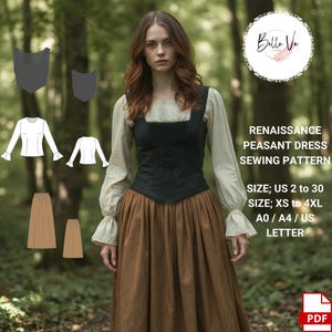 Renaissance Peasant Dress Sewing Pattern: Medieval Corset, Skirt & Blouse(PDF Pattern)