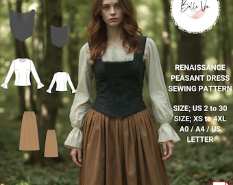 Renaissance Peasant Dress Sewing Pattern: Medieval Corset, Skirt & Blouse(PDF Pattern)