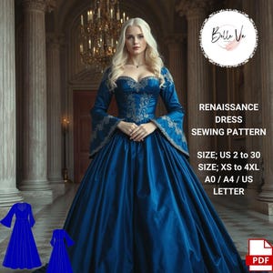 Könnte beinhalten: Ein Schnittmuster für ein Renaissance-Kleid in Blau und Gold. Das Schnittmuster umfasst die Größen 34 bis 52 und XS bis 4XL. Das Schnittmuster ist in den Formaten A0, A4 und US Letter erhältlich. Das Schnittmuster ist als PDF-Download verfügbar.