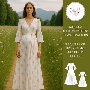 Patrón de costura para vestido de maternidad con sobrepelliz, tallas de mujer: EE. UU. 2 a 30, XS a 4 XL, formato A0, A4, papel carta de EE. UU.
