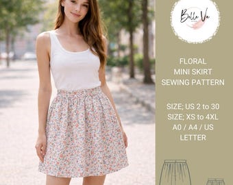 Patrón de costura para minifalda floral, cintura alta fruncida, estilo cottagecore para verano (descarga en PDF)