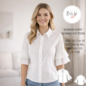 Ruffle Sleeve Linen Shirt Sewing Pattern: Boho Blouse Top (XS-4XL)(Digital Download)