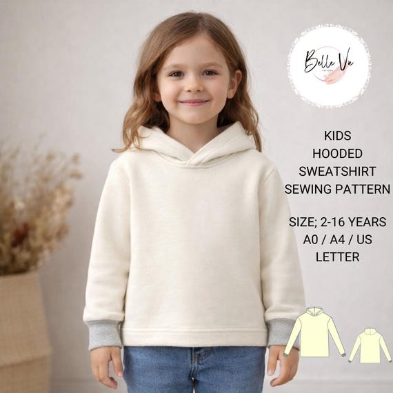 Kids Hoodie Sewing Pattern, Hooded Sweatshirt Sizes 2-16 (PDF Download)