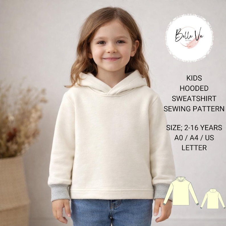 Naaipatroon kinderhoodie, sweater met capuchon, maten 2-16 (pdf-download) afbeelding 1