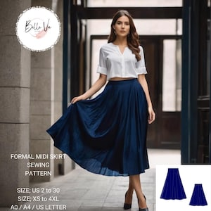 Pode incluir: Um padrão de costura para uma saia midi formal. O padrão inclui os tamanhos portugueses 34 a 52 e XS a 4XL. O padrão está disponível nos tamanhos A0, A4 e US Letter.
