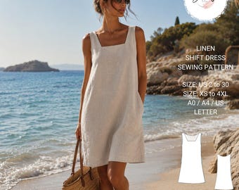 Linen Shift Dress Sewing Pattern | Square Neck Mini Tunic (PDF Download)