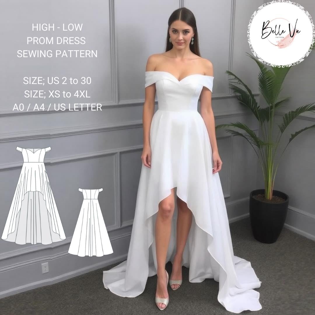 Off Shoulder High-low Dress Sewing Pattern: Bridal, Prom(a0, A4, US ...