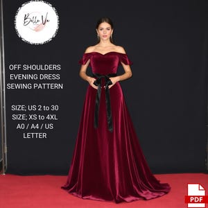 Patrón de costura para vestido de noche con hombros descubiertos, vestido de fiesta, vestido victoriano, vestido largo, vestido elegante, tallas EE. UU. 2 a 30, XS-4XL, A0, A4-Carta EE. UU.