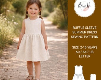 Girls Linen Dress Sewing Pattern, Sleeveless Gathered Waist (PDF Download)