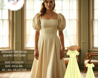 Bridgerton Style Gown Sewing Pattern: Regency, Victorian, Elvish Dress(XS-4XL) (PDF)