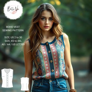 May include: A sewing pattern for a sleeveless boho vest with a button-up front. The pattern includes sizes US 2 to 30 and XS to 4XL. The pattern is available in A0, A4, and US Letter sizes.