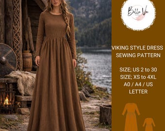 Viking Style Maxi Dress Sewing Pattern, Medieval Gathered PDF (Digital Download)