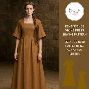May include: A sewing pattern for a Renaissance Viking dress. The pattern is available in sizes US 2 to 30 and XS to 4XL. The pattern is printed on A0/A4/US letter paper.