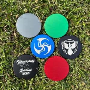 Könnte beinhalten: Sechs kreisförmige Disc-Golf-Scheiben in Grau, Grün, Blau, Schwarz und Rot. Die blaue Scheibe zeigt eine weiße Wirbelgrafik. Eine schwarze Scheibe zeigt ein weißes Vogellogo und den Text MAGPIE RIDGE. Eine weitere schwarze Scheibe trägt den weißen Text When in doubt Forehand BERG.