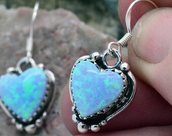Handmade Blue Fire Opal Heart .925 Sterling silver Earrings ~ Great gift idea for girls on Xmas!