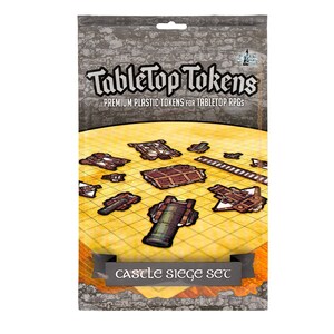 May include: A plastic bag containing a set of brown and tan plastic tabletop game pieces. The pieces are shaped like cannons, siege towers, and ladders. The bag has a label that reads "TableTop Tokens" and "Castle Siege Set".