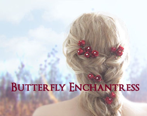 Red Hair Flowers Wedding Hair Accessories Bridal Hair Pins Etsy