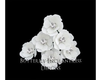 White Hair Flowers, Bridal Hair Accessories, Beach Wedding, Bridesmaid Gift, Hair Piece - 12 White Mini Buttercup Hair Pins - Rhinestone