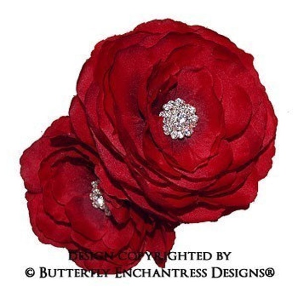 2 Rhinestone English Rose Flower Hair Clips in Spanish Red