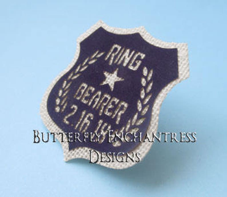 Personalized Custom Wedding Date Ring Bearer Gift BE Lapel Ivory Burlap Navy Blue Rustic Wedding Ring Bearer Security Badge Pin