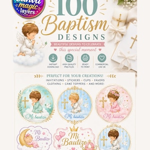 Puede incluir: Una colección digital de 100 diseños de bautizo con ilustraciones de ángeles, cruces y palomas. El gráfico incluye texto como 100 Baptism Designs, Mi bautizo y Editable with Canva magic layers, presentado en colores pastel suaves.