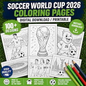 Peut inclure: Pages de coloriage Soccer World Cup 2026 en téléchargement numérique avec plus de 100 motifs. Les dessins au trait noir et blanc incluent un joueur de football, le trophée de la Coupe du Monde, une mascotte, un stade et des monuments, avec des crayons.