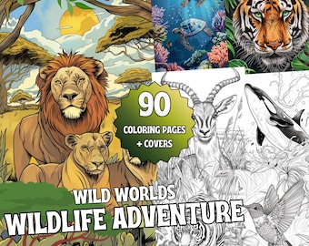 Wild Worlds – Jungle, Safari & Sea Worlds Bundle for Adults | 3 Coloring Books, 90+ Pages | Nature + Animals, PDF + PNG