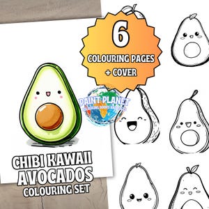 May include: A coloring set featuring a Chibi Kawaii avocado theme. The image includes a colorful avocado illustration and several black and white avocado outlines. The set includes 6 coloring pages and a cover, as indicated by the text.