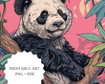 Puede incluir: Una ilustración digital de un panda sentado en un árbol rodeado de hojas verdes sobre un fondo rosa. Una etiqueta blanca en forma de estrella en la esquina inferior izquierda contiene el texto negro PRINTABLE ART PNG + PDF.