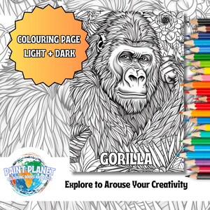 Puede incluir: Una página para colorear en blanco y negro con una ilustración detallada de un gorila con la palabra "GORILLA" impresa debajo. El texto "COLOURING PAGE LIGHT + DARK" está en forma de estrella en la parte superior de la página. El texto "Explore to Arouse Your Creativity" está impreso debajo del gorila.