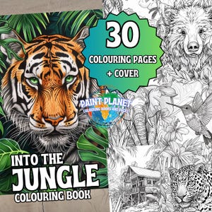 Op de afbeelding: Een kleurboekomslag met een tijger met groene ogen, omringd door weelderig groen. De titel "Into the Jungle Coloring Book" staat onder de tijger. De omslag bevat ook een tekstvak met de woorden "30 Coloring Pages + Cover".