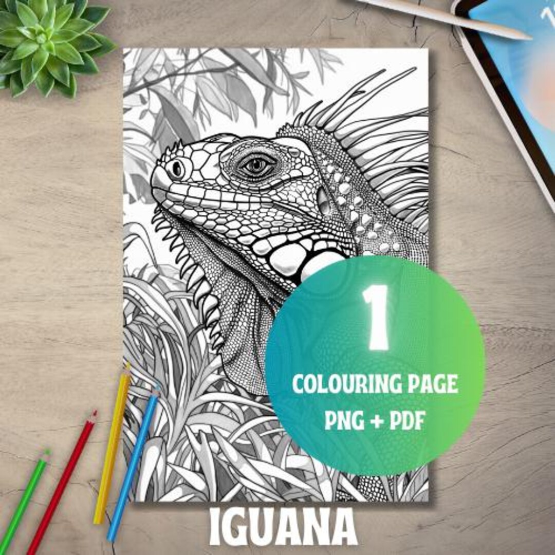 Iguana: Green Iguana Coloring Page for Relaxation for Kids and Adults ...