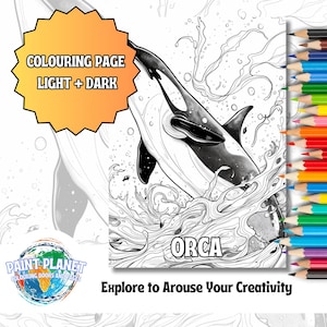 May include: Black and white line art coloring page of an orca jumping out of the water with waves. The page is titled "ORCA" and says "Explore to Arouse Your Creativity".