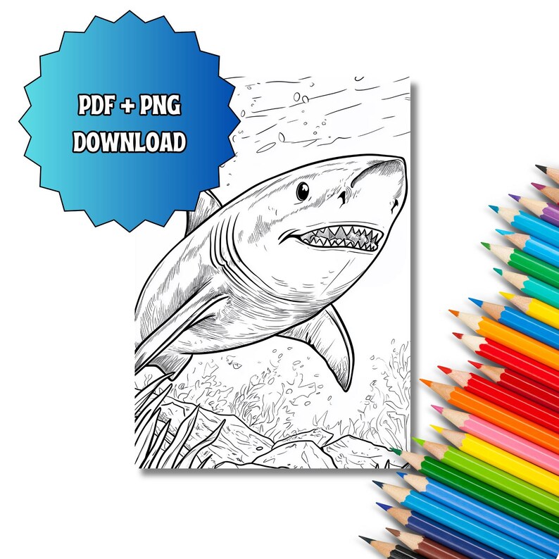 K&ouml;nnte beinhalten: Eine schwarz-wei&szlig;e Malvorlage mit einem Hai, der &uuml;ber einem felsigen Meeresboden mit Seetang schwimmt. Ein blaues sternf&ouml;rmiges Abzeichen in der oberen linken Ecke enth&auml;lt den Text PDF + PNG DOWNLOAD. Ein F&auml;cher aus Buntstiften liegt rechts daneben.
