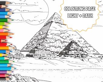 Puede incluir: Una página para colorear en blanco y negro con pirámides egipcias en un paisaje desértico con un sol y nubes en el cielo. El texto COLOURING PAGE LIGHT + DARK está impreso en una estrella amarilla. Un montón de lápices de colores está a la izquierda.