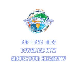 K&ouml;nnte beinhalten: Ein Logo mit einem stilisierten Globus mit gr&uuml;nen, blauen und orangefarbenen Kontinenten. Der Text lautet: PAINT PLANET SHOP COLORING BOOKS AND PAGES. Darunter steht in blauer Schrift: PDF + PNG FILES, DOWNLOAD NOW und AROUSE YOUR CREATIVITY.