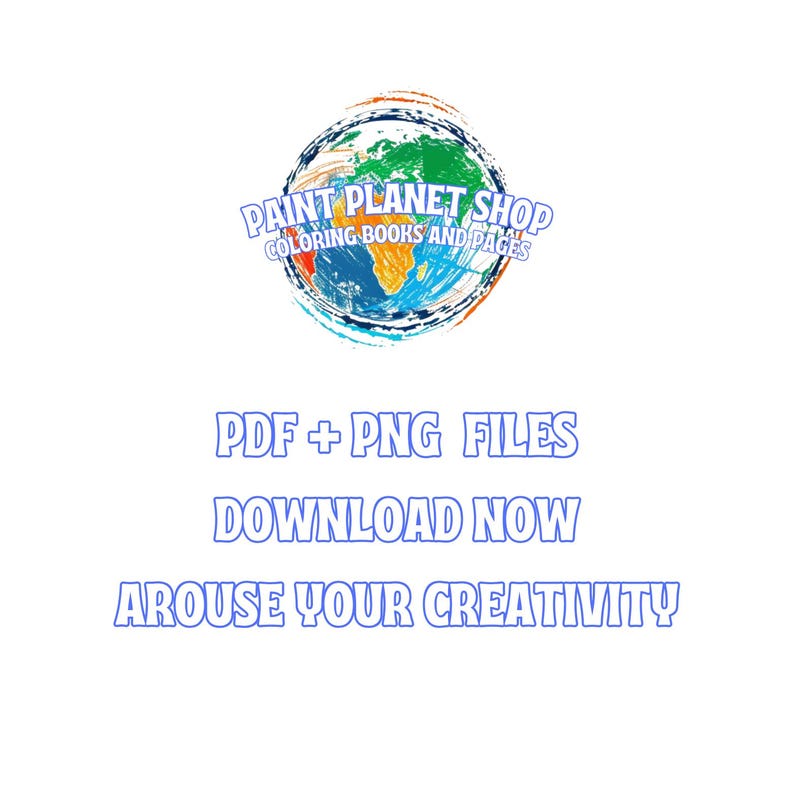 K&ouml;nnte beinhalten: Ein Logo mit einem stilisierten Globus mit gr&uuml;nen, blauen und orangefarbenen Kontinenten. Der Text lautet: PAINT PLANET SHOP COLORING BOOKS AND PAGES. Darunter steht in blauer Schrift: PDF + PNG FILES, DOWNLOAD NOW und AROUSE YOUR CREATIVITY.