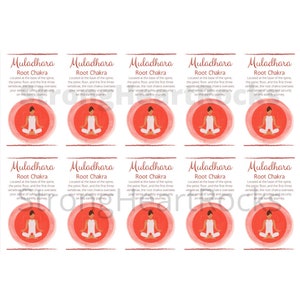 Könnte beinhalten: Zehn druckbare Karten mit einem Aquarellhintergrund und einem roten Kreis in der Mitte. Der Kreis enthält eine Strichmännchenfigur in einer Yogapose. Der Text "Muladhara Root Chakra" ist oben auf jeder Karte gedruckt. Der Text beschreibt die Lage des Wurzelchakras und seine Funktion.