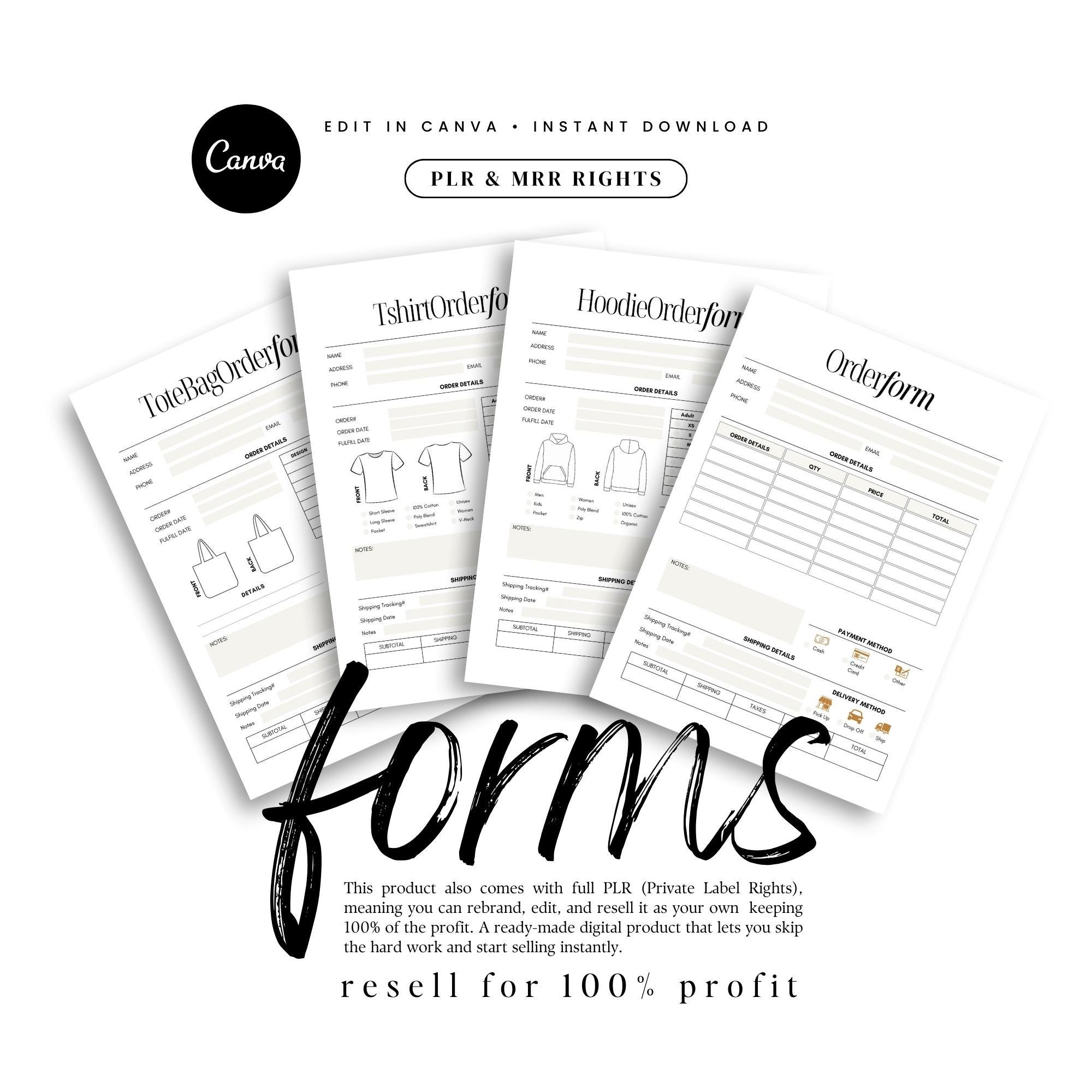 Editable Order Forms Bundle PLR MRR, T Shirt, Hoodie, Invoice Template ...