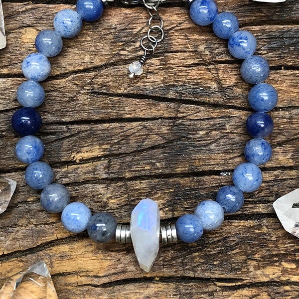 Blue Aventurine and Moonstone Bracelet Adjustable 7-8 Inches