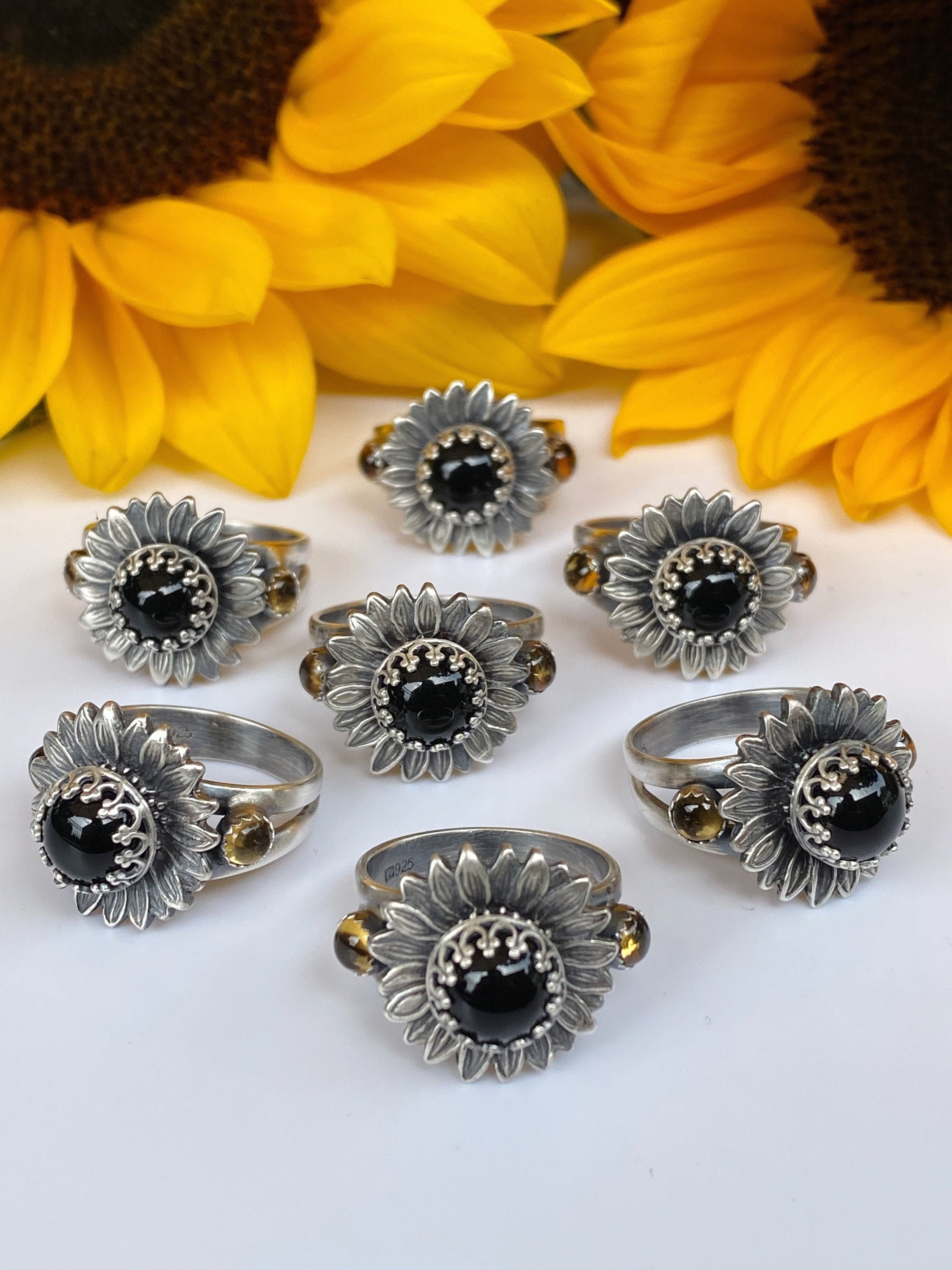 Sunflower, Black Onyx and Citrine Statement Ring, Sunflower Ring, Aut…