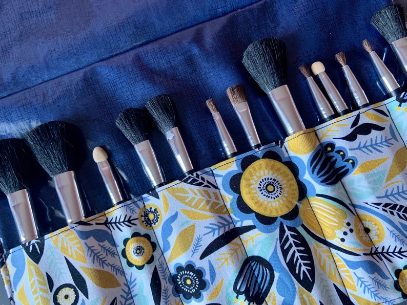 Makeup brush roll, makeup brush holder,crochet hook case, paintbrush roll, laminated interior, Floral image 1