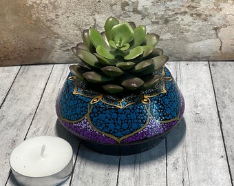 Dot Art Hand Painted Angled Tea Light Holder, Artificial Succulent Holder, Blue & Purple with Gold Highlights , Boho, Eclectic